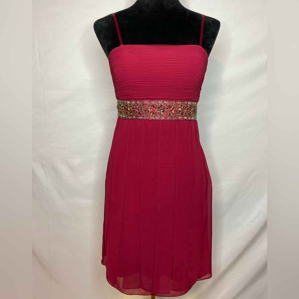 Sue Wong Red Chiffon Beaded Empire Party Dress Car Wash Pleats Y2K size 4